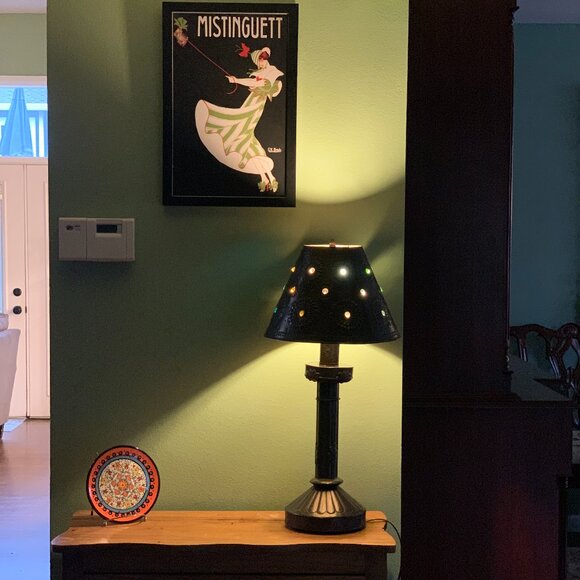 Vintage Handcrafted Mexican Punched Tin Table Lamp with Glass Marble Shade - Picture 1 of 11